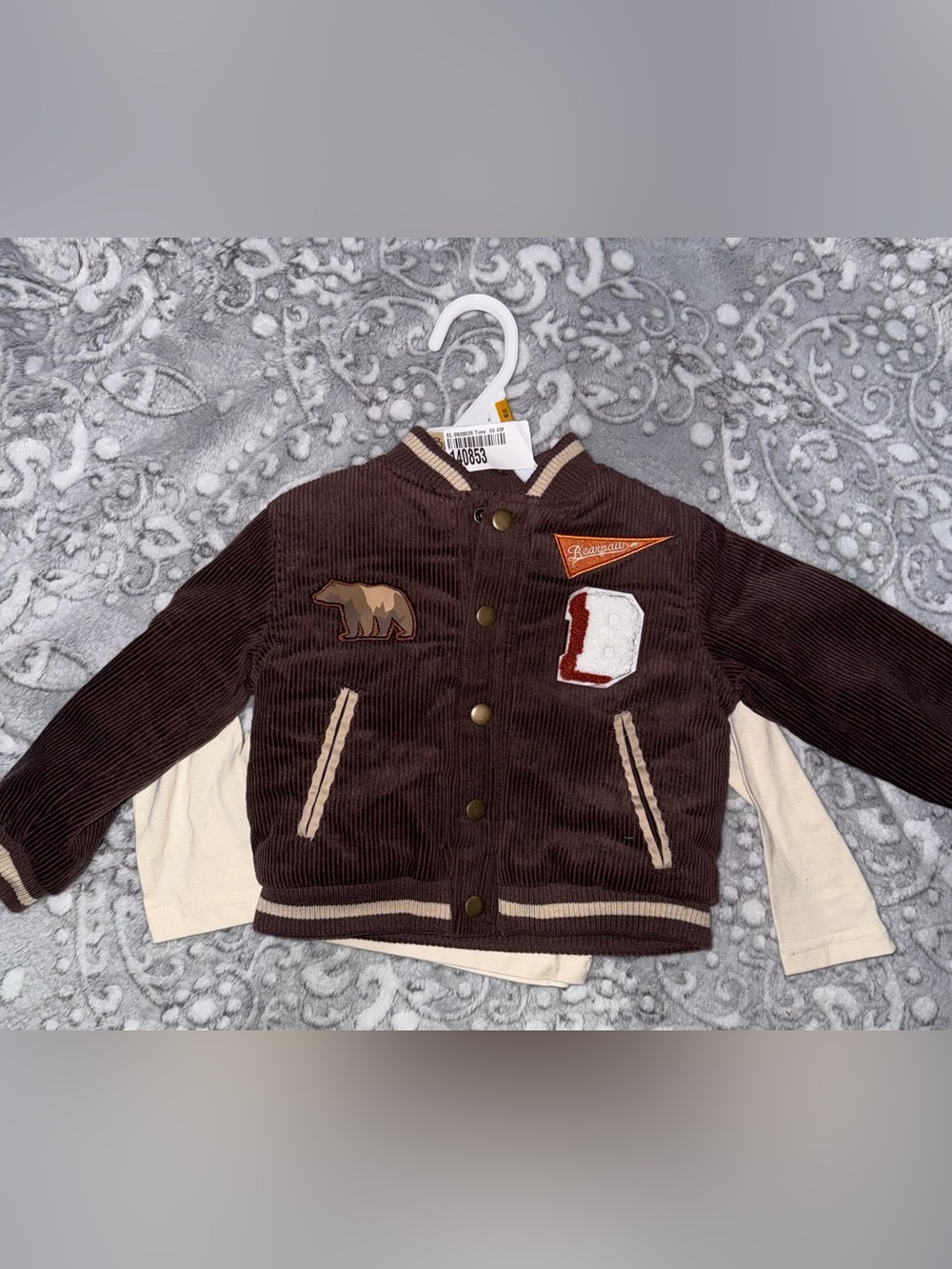 🐻 BEARPAW Baby Boys Corduroy Varsity Jacket & Mountain Shirt Set – 12M